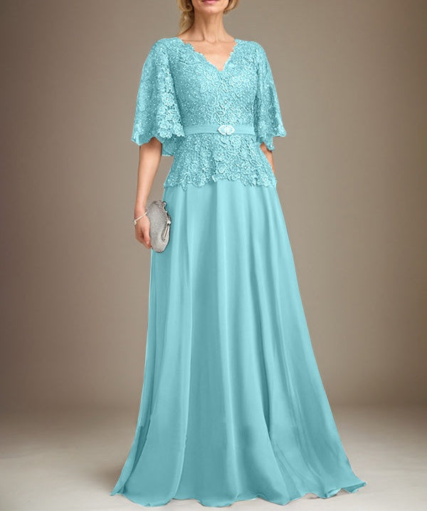 A-line V-Neck Floor-Length Chiffon Lace Mother of the Bride Dress With Crystal Brooch Rhinestone