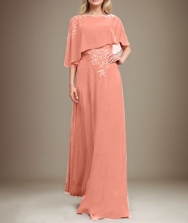 A-line Scoop Floor-Length Chiffon Lace Mother of the Bride Dress With Sequins Beading