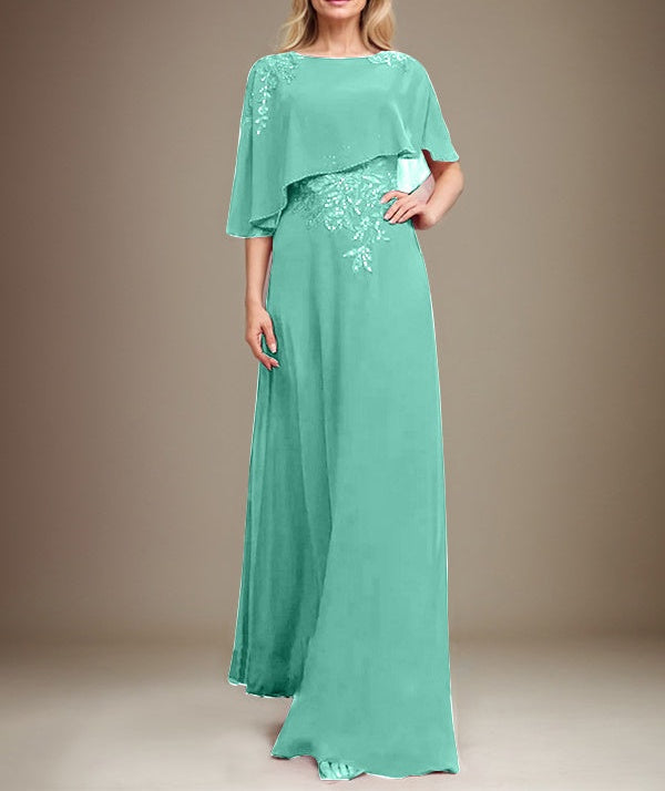 A-line Scoop Floor-Length Chiffon Lace Mother of the Bride Dress With Sequins Beading