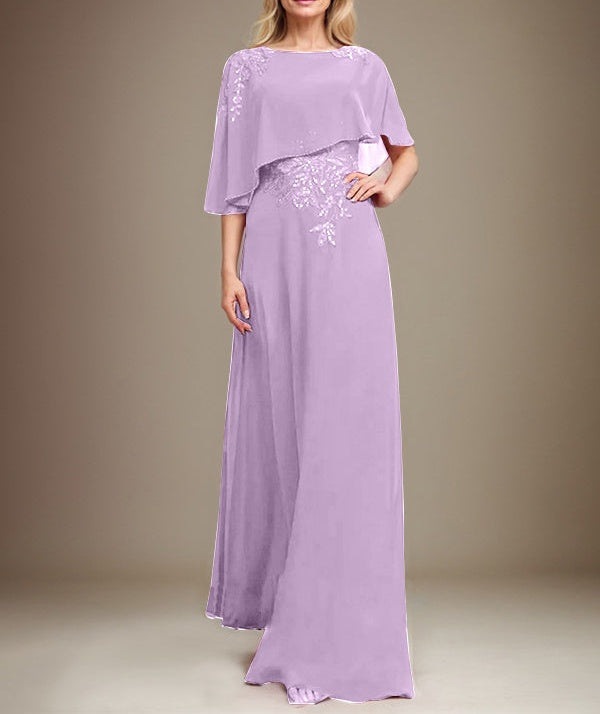 A-line Scoop Floor-Length Chiffon Lace Mother of the Bride Dress With Sequins Beading
