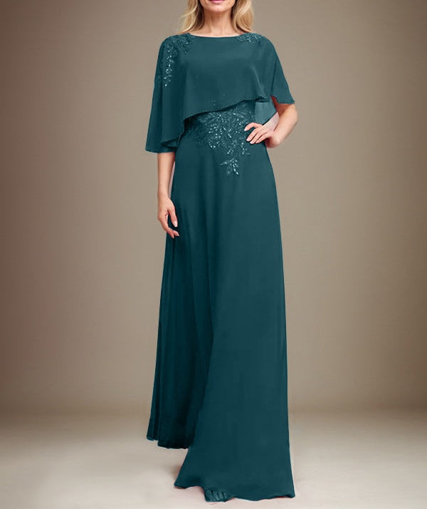 A-line Scoop Floor-Length Chiffon Lace Mother of the Bride Dress With Sequins Beading