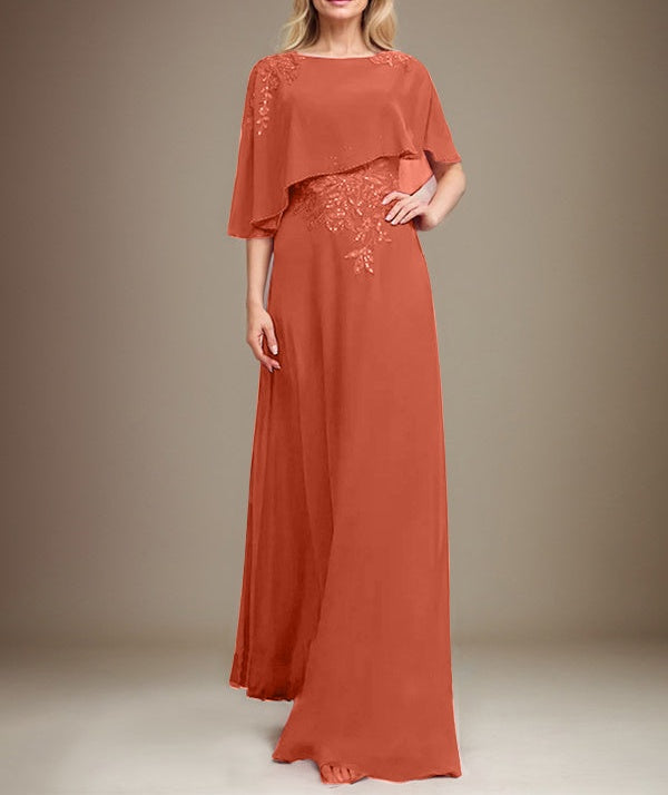 A-line Scoop Floor-Length Chiffon Lace Mother of the Bride Dress With Sequins Beading