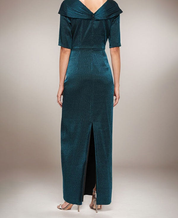 Long Shimmer Column Dress with Foldover Cuff L-Neckline and Elbow Sleeves