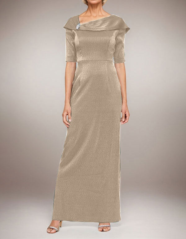 Long Shimmer Column Dress with Foldover Cuff L-Neckline and Elbow Sleeves