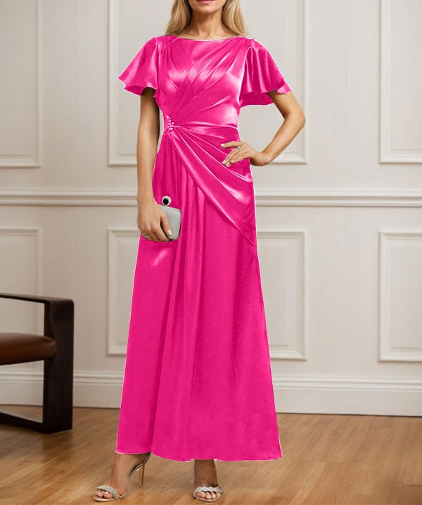 A-line Scoop Ankle-Length Stretch Satin Mother of the Bride Dress With Pleated Beading