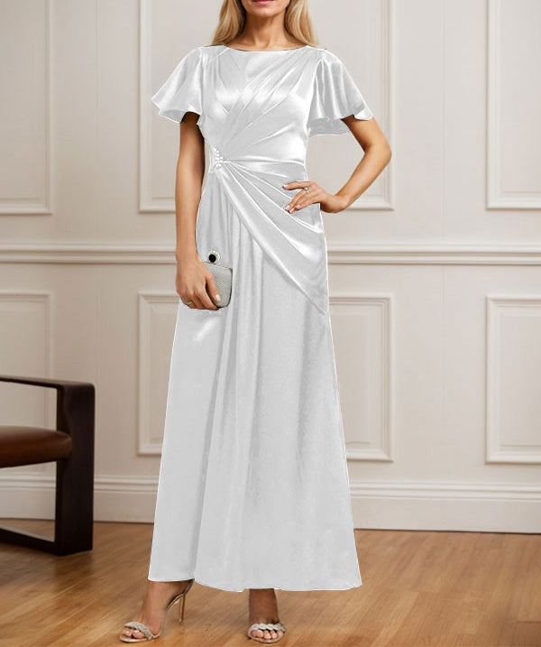 A-line Scoop Ankle-Length Stretch Satin Mother of the Bride Dress With Pleated Beading