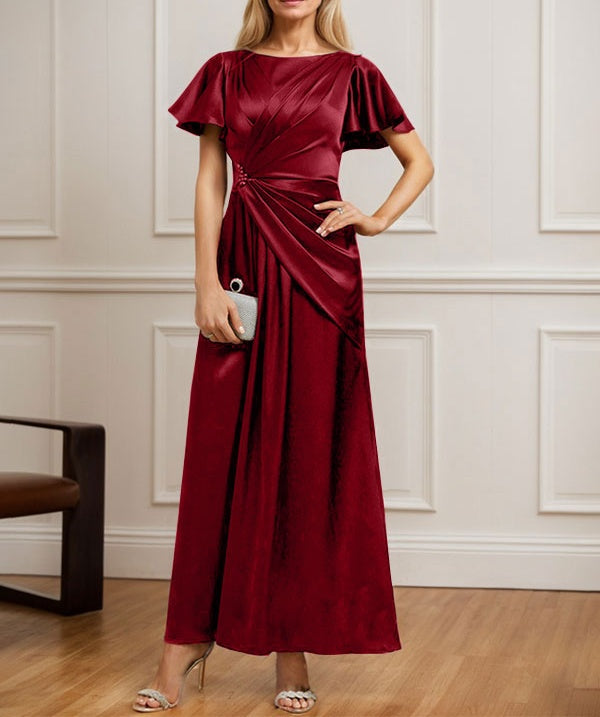 A-line Scoop Ankle-Length Stretch Satin Mother of the Bride Dress With Pleated Beading