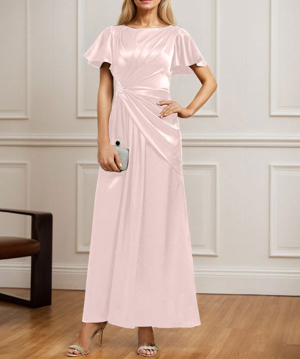 A-line Scoop Ankle-Length Stretch Satin Mother of the Bride Dress With Pleated Beading