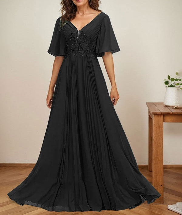 A-line V-Neck Floor-Length Chiffon Mother of the Bride Dress With Sequins Appliques Lace Pleated