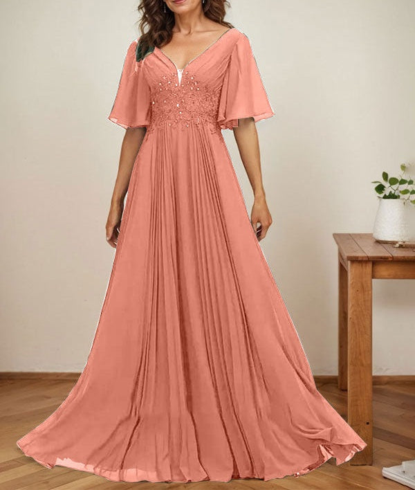 A-line V-Neck Floor-Length Chiffon Mother of the Bride Dress With Sequins Appliques Lace Pleated