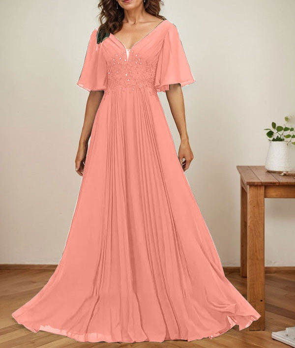 A-line V-Neck Floor-Length Chiffon Mother of the Bride Dress With Sequins Appliques Lace Pleated