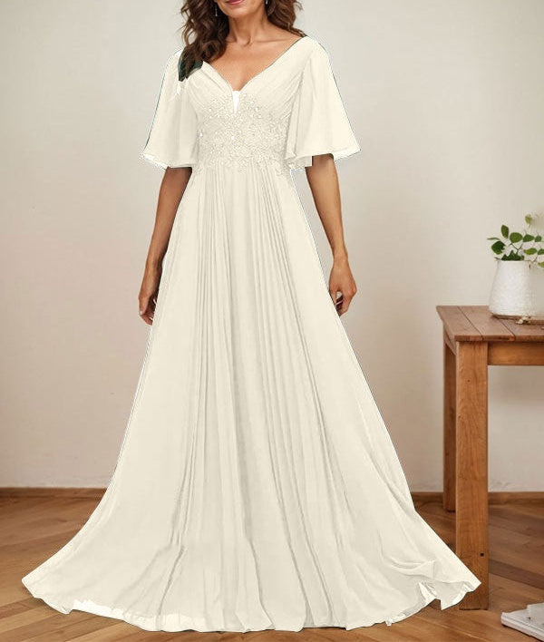 A-line V-Neck Floor-Length Chiffon Mother of the Bride Dress With Sequins Appliques Lace Pleated