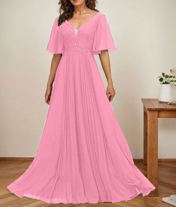 A-line V-Neck Floor-Length Chiffon Mother of the Bride Dress With Sequins Appliques Lace Pleated