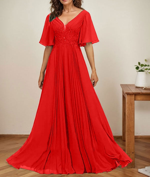 A-line V-Neck Floor-Length Chiffon Mother of the Bride Dress With Sequins Appliques Lace Pleated