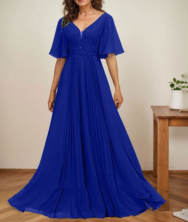 A-line V-Neck Floor-Length Chiffon Mother of the Bride Dress With Sequins Appliques Lace Pleated