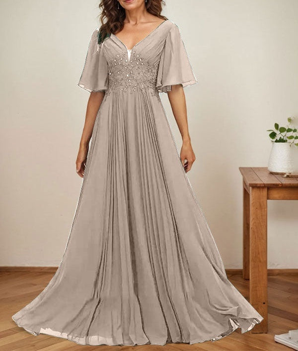 A-line V-Neck Floor-Length Chiffon Mother of the Bride Dress With Sequins Appliques Lace Pleated