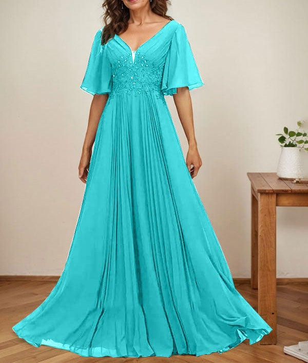 A-line V-Neck Floor-Length Chiffon Mother of the Bride Dress With Sequins Appliques Lace Pleated