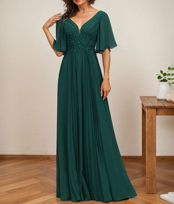A-line V-Neck Floor-Length Chiffon Mother of the Bride Dress With Sequins Appliques Lace Pleated