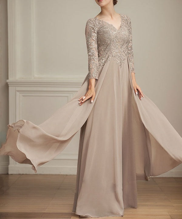 A-line V-Neck Floor-Length Lace Chiffon Mother of the Bride Dress With Sequins