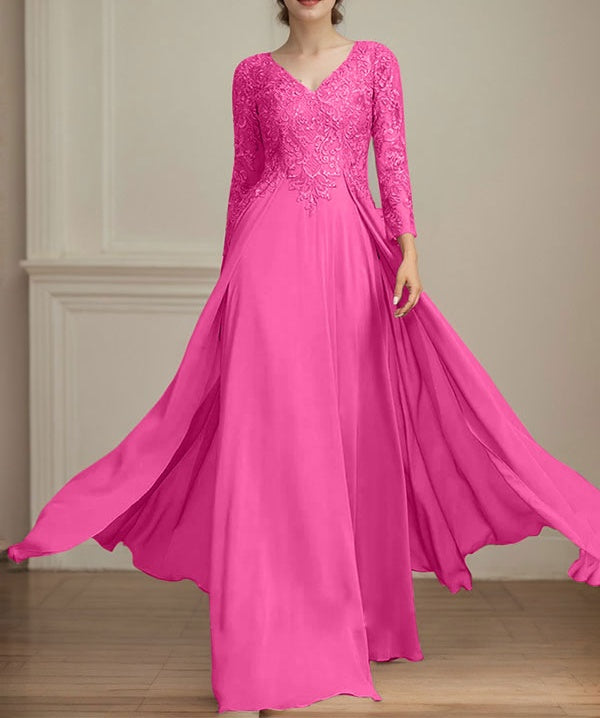 A-line V-Neck Floor-Length Lace Chiffon Mother of the Bride Dress With Sequins