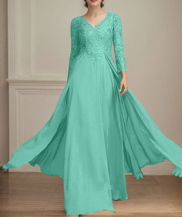 A-line V-Neck Floor-Length Lace Chiffon Mother of the Bride Dress With Sequins
