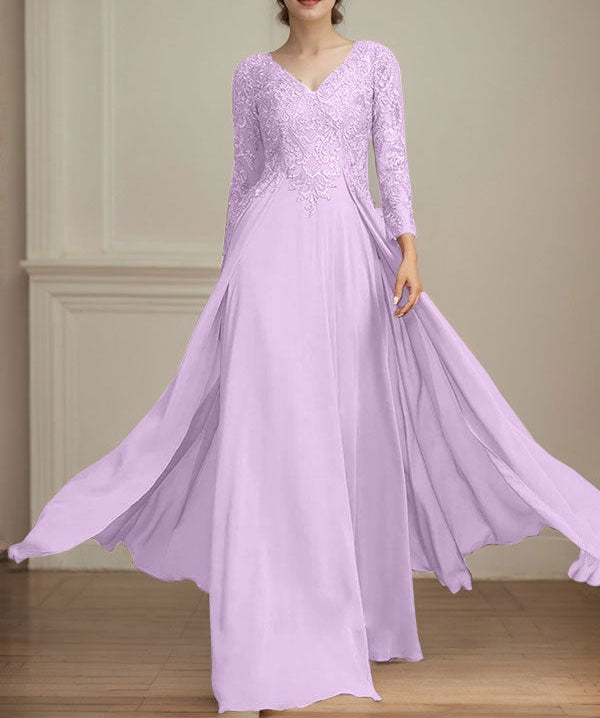A-line V-Neck Floor-Length Lace Chiffon Mother of the Bride Dress With Sequins