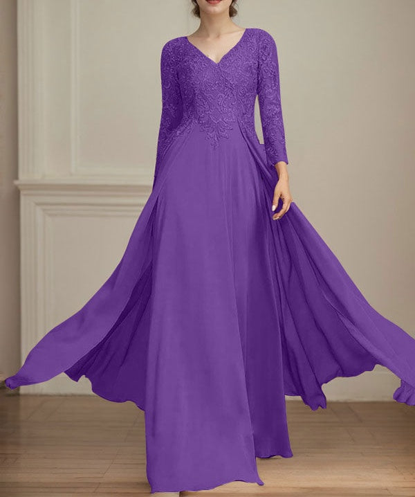 A-line V-Neck Floor-Length Lace Chiffon Mother of the Bride Dress With Sequins