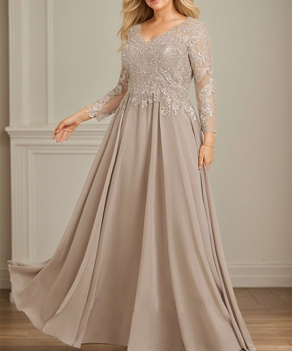 A-line V-Neck Floor-Length Lace Chiffon Mother of the Bride Dress With Sequins