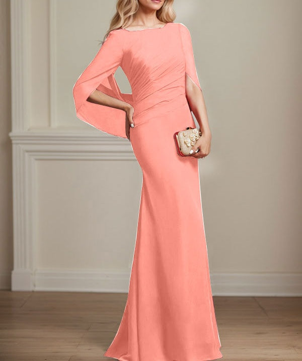 Trumpet/Mermaid Boat Neck Floor-Length Chiffon Mother of the Bride Dress With Pleated