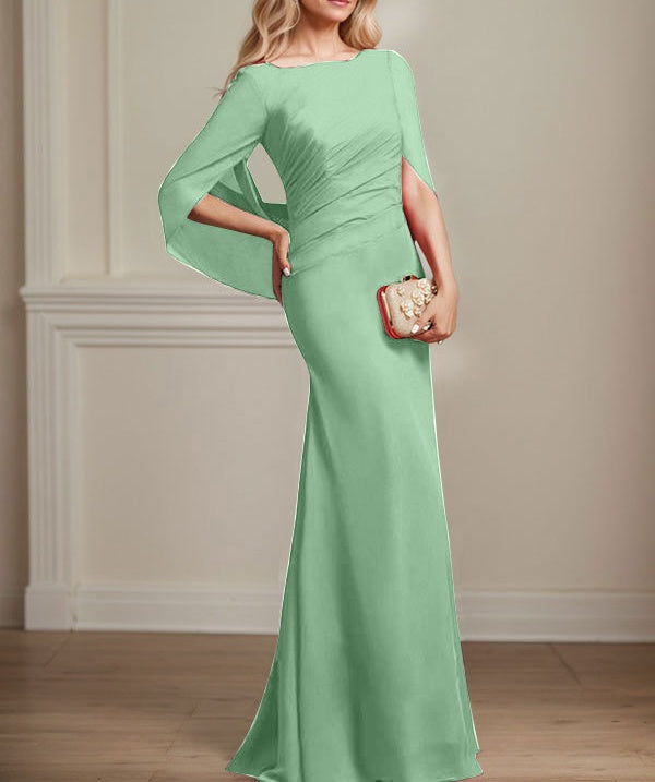 Trumpet/Mermaid Boat Neck Floor-Length Chiffon Mother of the Bride Dress With Pleated
