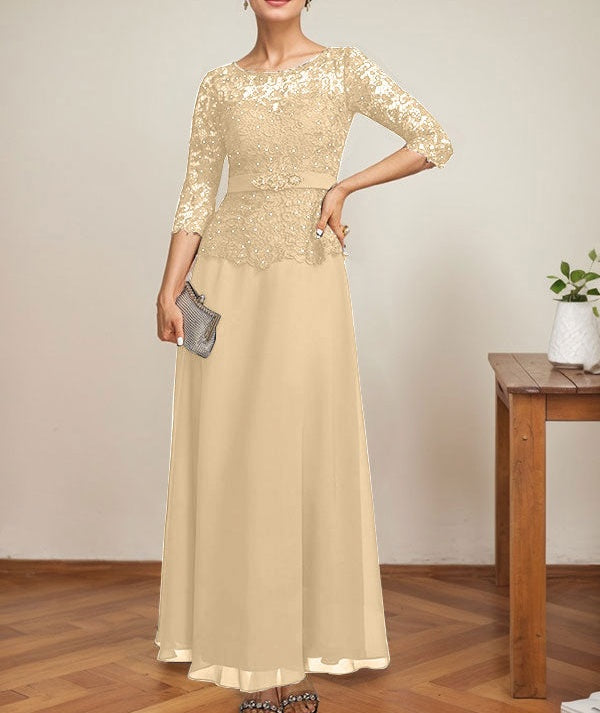 A-line Scoop Illusion Ankle-Length Chiffon Lace Mother of the Bride Dress With Rhinestone Beading