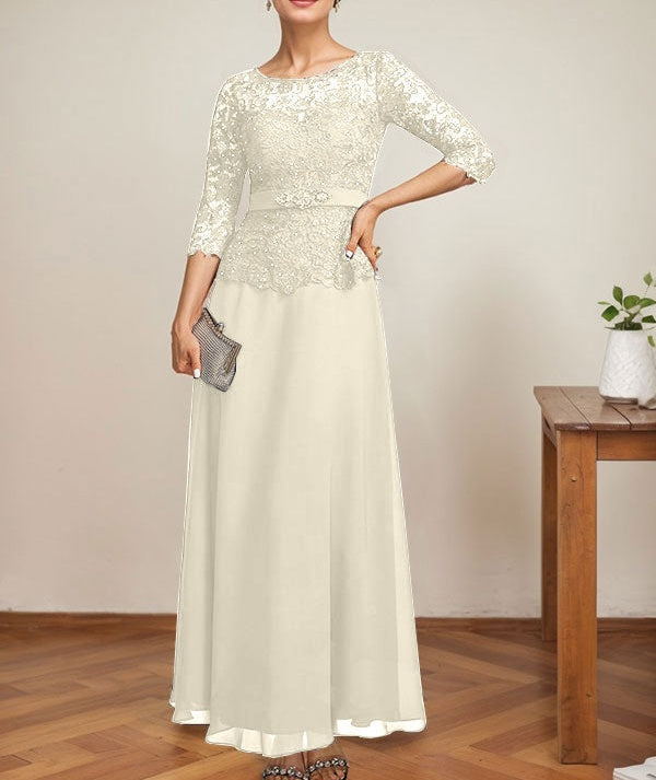 A-line Scoop Illusion Ankle-Length Chiffon Lace Mother of the Bride Dress With Rhinestone Beading