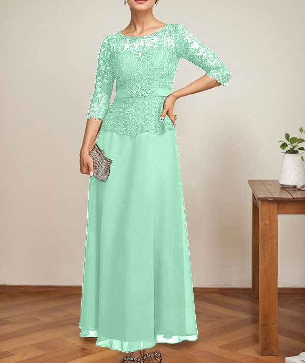 A-line Scoop Illusion Ankle-Length Chiffon Lace Mother of the Bride Dress With Rhinestone Beading
