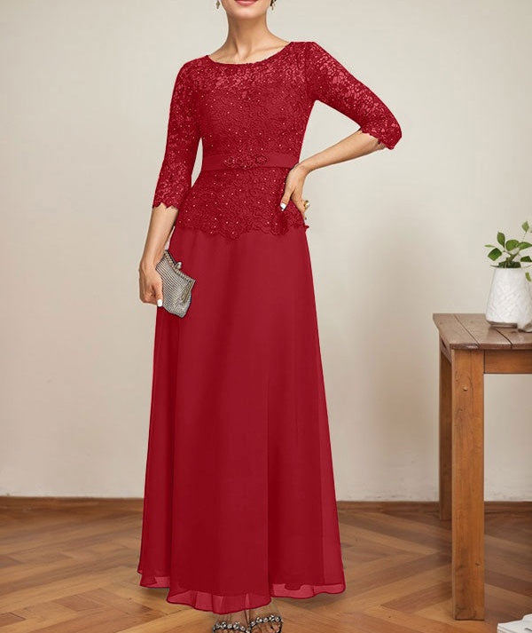 A-line Scoop Illusion Ankle-Length Chiffon Lace Mother of the Bride Dress With Rhinestone Beading