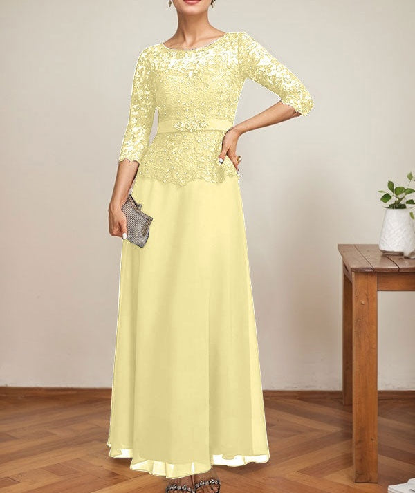 A-line Scoop Illusion Ankle-Length Chiffon Lace Mother of the Bride Dress With Rhinestone Beading