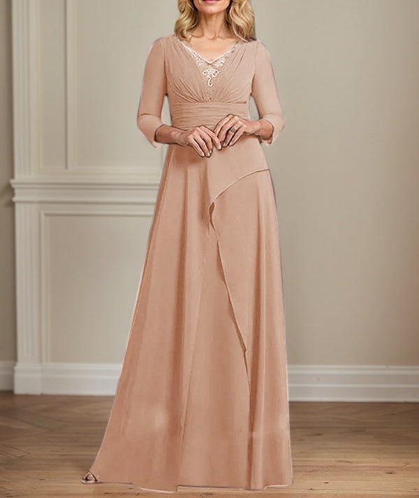 A-line V-Neck Floor-Length Chiffon Mother of the Bride Dress With Pleated Beading
