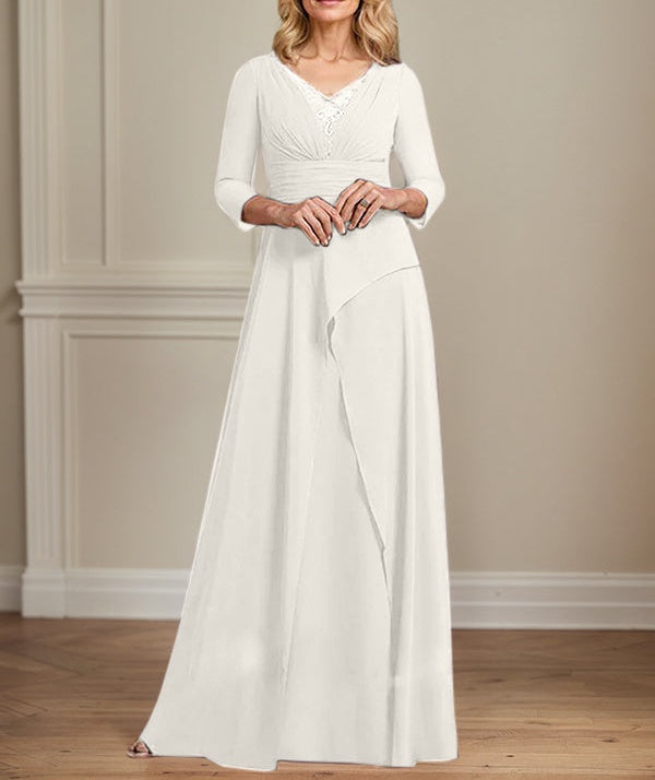 A-line V-Neck Floor-Length Chiffon Mother of the Bride Dress With Pleated Beading