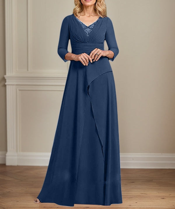 A-line V-Neck Floor-Length Chiffon Mother of the Bride Dress With Pleated Beading