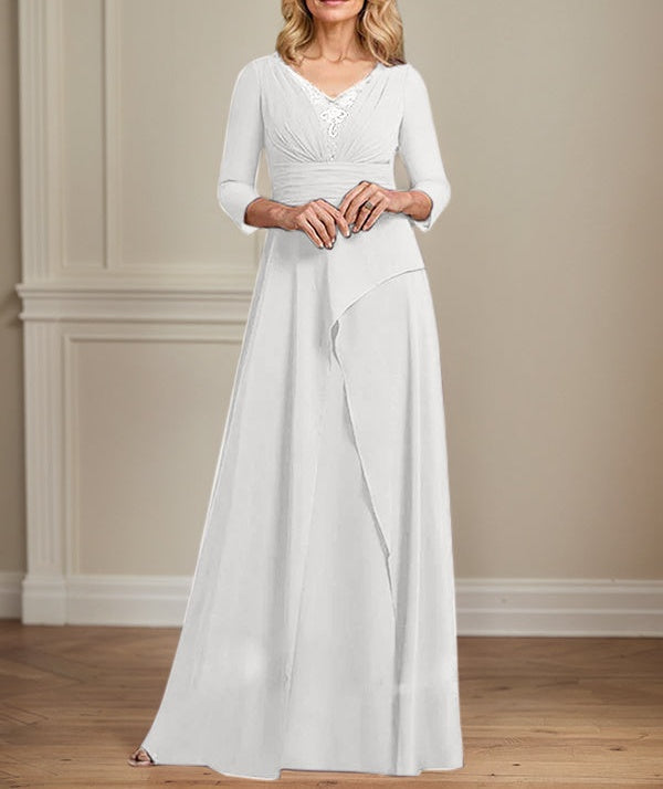 A-line V-Neck Floor-Length Chiffon Mother of the Bride Dress With Pleated Beading