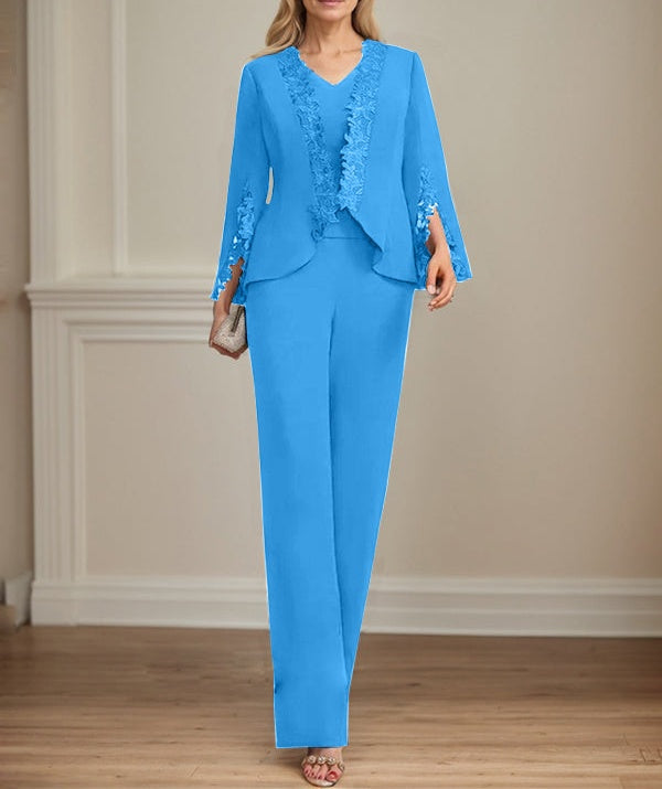 Separates Jumpsuit/Pantsuit V-Neck Floor-Length Chiffon Mother of the Bride Dress