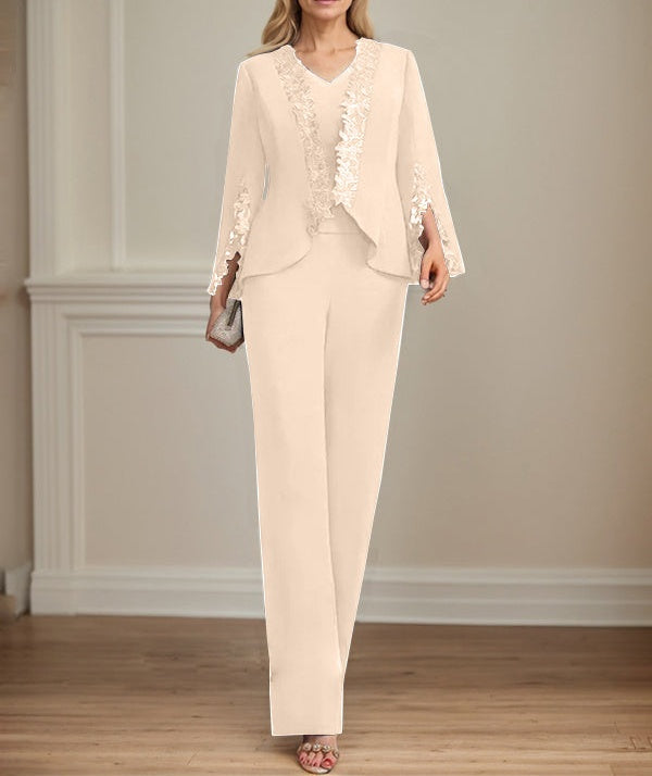 Separates Jumpsuit/Pantsuit V-Neck Floor-Length Chiffon Mother of the Bride Dress