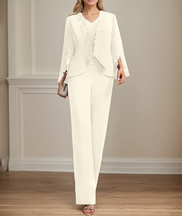 Separates Jumpsuit/Pantsuit V-Neck Floor-Length Chiffon Mother of the Bride Dress