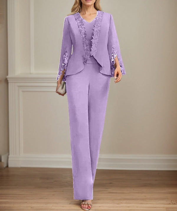 Separates Jumpsuit/Pantsuit V-Neck Floor-Length Chiffon Mother of the Bride Dress