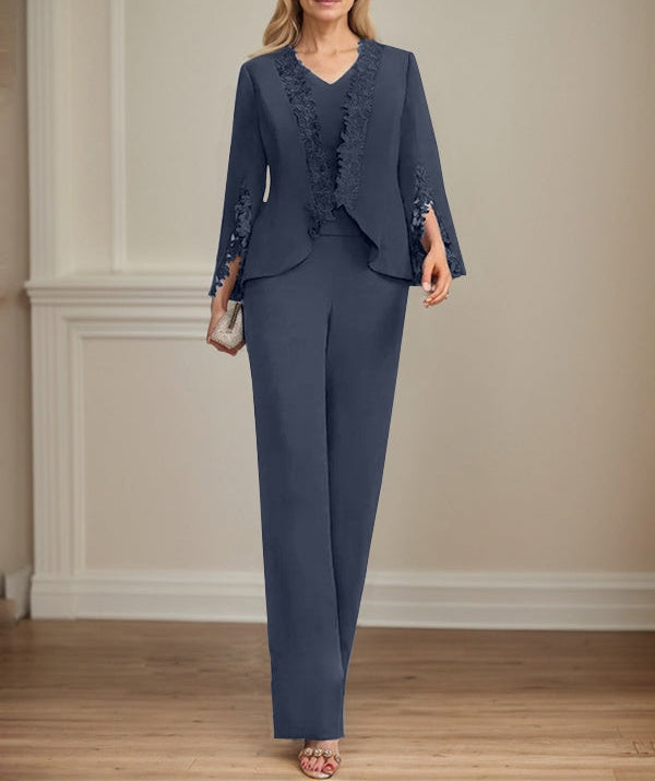 Separates Jumpsuit/Pantsuit V-Neck Floor-Length Chiffon Mother of the Bride Dress