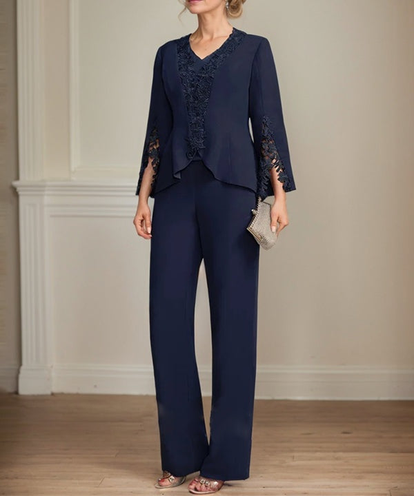 Separates Jumpsuit/Pantsuit V-Neck Floor-Length Chiffon Mother of the Bride Dress