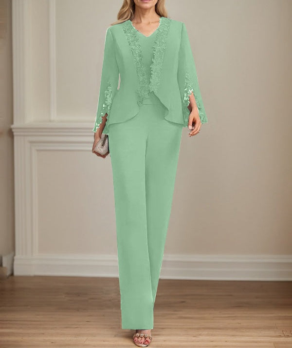Separates Jumpsuit/Pantsuit V-Neck Floor-Length Chiffon Mother of the Bride Dress