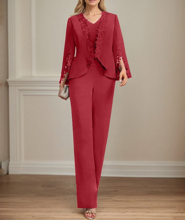 Separates Jumpsuit/Pantsuit V-Neck Floor-Length Chiffon Mother of the Bride Dress