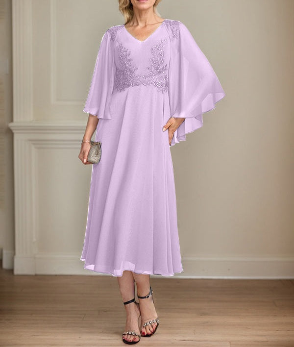 A-line V-Neck Tea-Length Chiffon Lace Mother of the Bride Dress With Beading Sequins