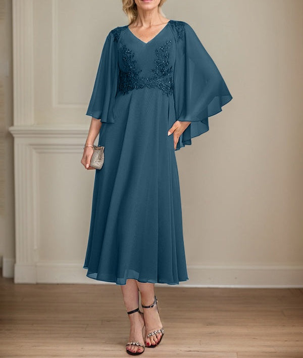 A-line V-Neck Tea-Length Chiffon Lace Mother of the Bride Dress With Beading Sequins
