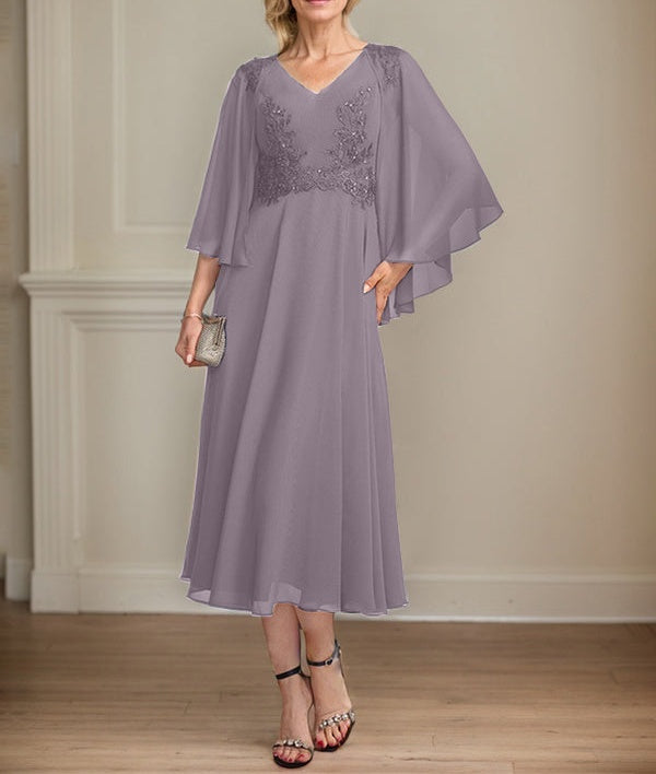 A-line V-Neck Tea-Length Chiffon Lace Mother of the Bride Dress With Beading Sequins